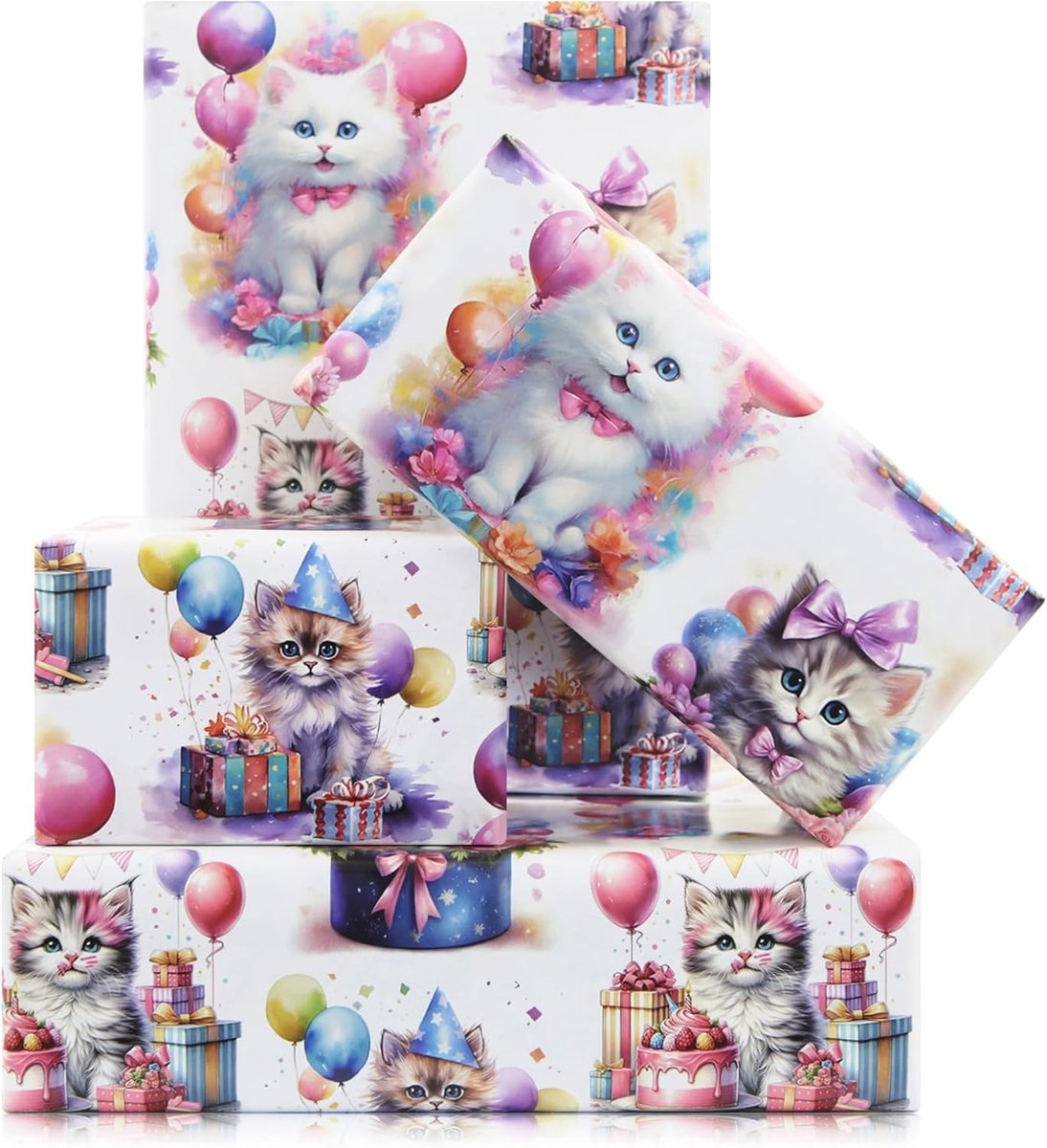 Inpakpapier voor meisjes, jongens, kinderen, kleurrijk kattenkitten kitty ontwerp verjaardag inpakpapier, 4 vellen gevouwen plat 50x70 cm cadeaupapier voor verjaardag bruiloft kattenfeest