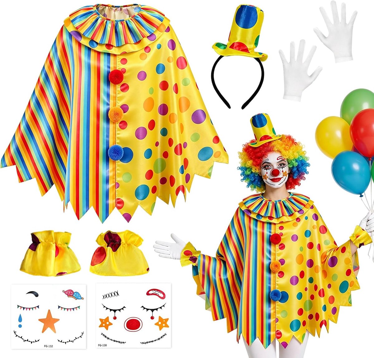 Clownkostuum voor dames, regenboogponcho, hoofdband, sticker, gezicht, circuskostuum, dames, carnaval, Halloween, carnavalskostuums voor volwassenen