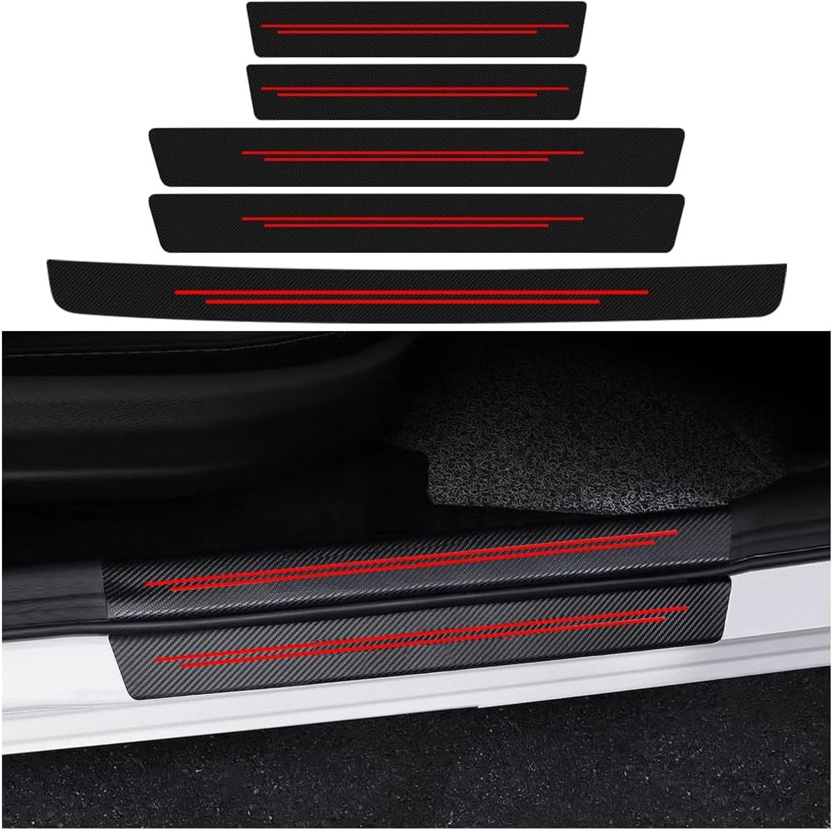 5 Stuks Koolstofvezel Beschermende Autocollants, Bescherming voor Autodeurdorpel, Koolstofvezel Beschermfolie voor Autodeurdorpel Universele Auto-accessoires (Rood)