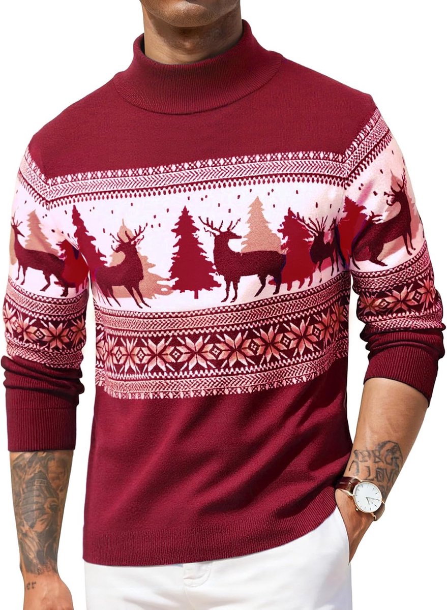 Kersttrui voor heren, opstaande kraag met rendier, elegante en warme wintertrui, grappige kersttrui voor feestjes en vrije tijd, S-XXL