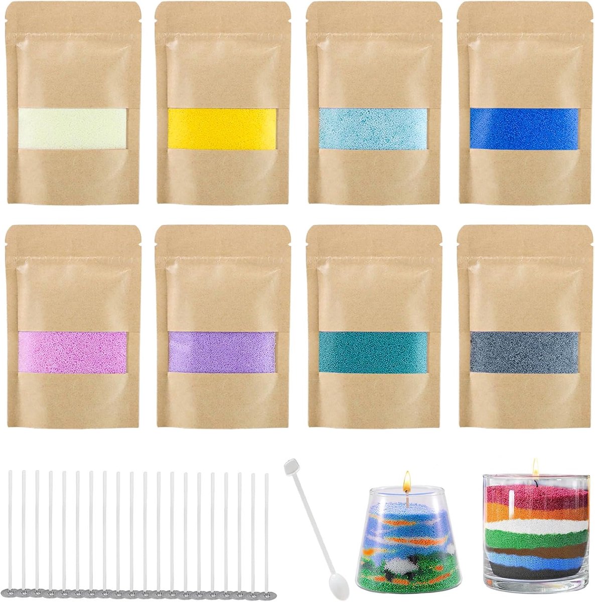 8 kleuren kaarszand, kaarszand met 20 lonten, 400 g plantaardige kaarsenwas, kaarsenwasgranulaat, wasgranulaat voor kaarsen, kaarsenzand voor creatieve decoraties (B)