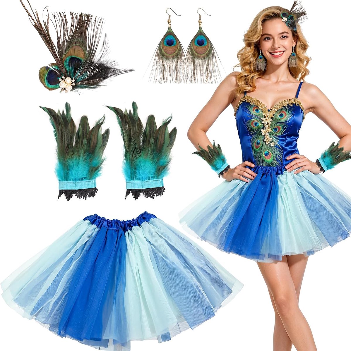 5-delige pauwenkostuumset voor dames, carnaval, pauwenkostuum, accessoireset met pauwenveer, haarspeld, oorbellen, armband, tule rok voor vrouwen, carnaval, maskerade, cosplay, themafeest