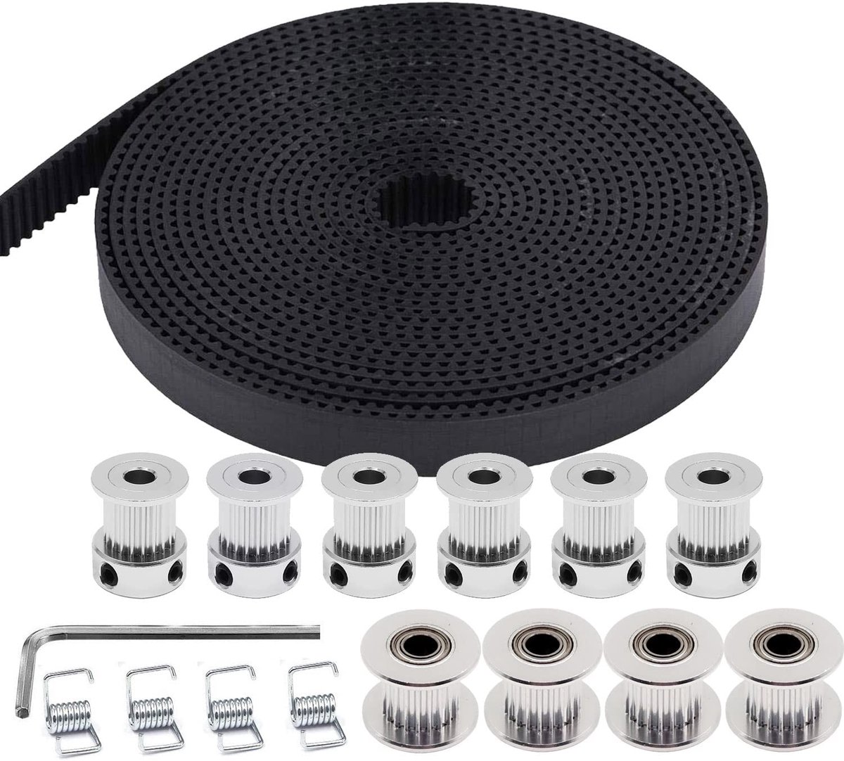 5M GT2 tandriem 10 mm breedte + 6 stuks 20 tanden 5 mm boring tandriemschijf + 4 stuks 20 tanden boring 5 mm spanrol + 4 stuks spanveer torsie, voor 3D-printers