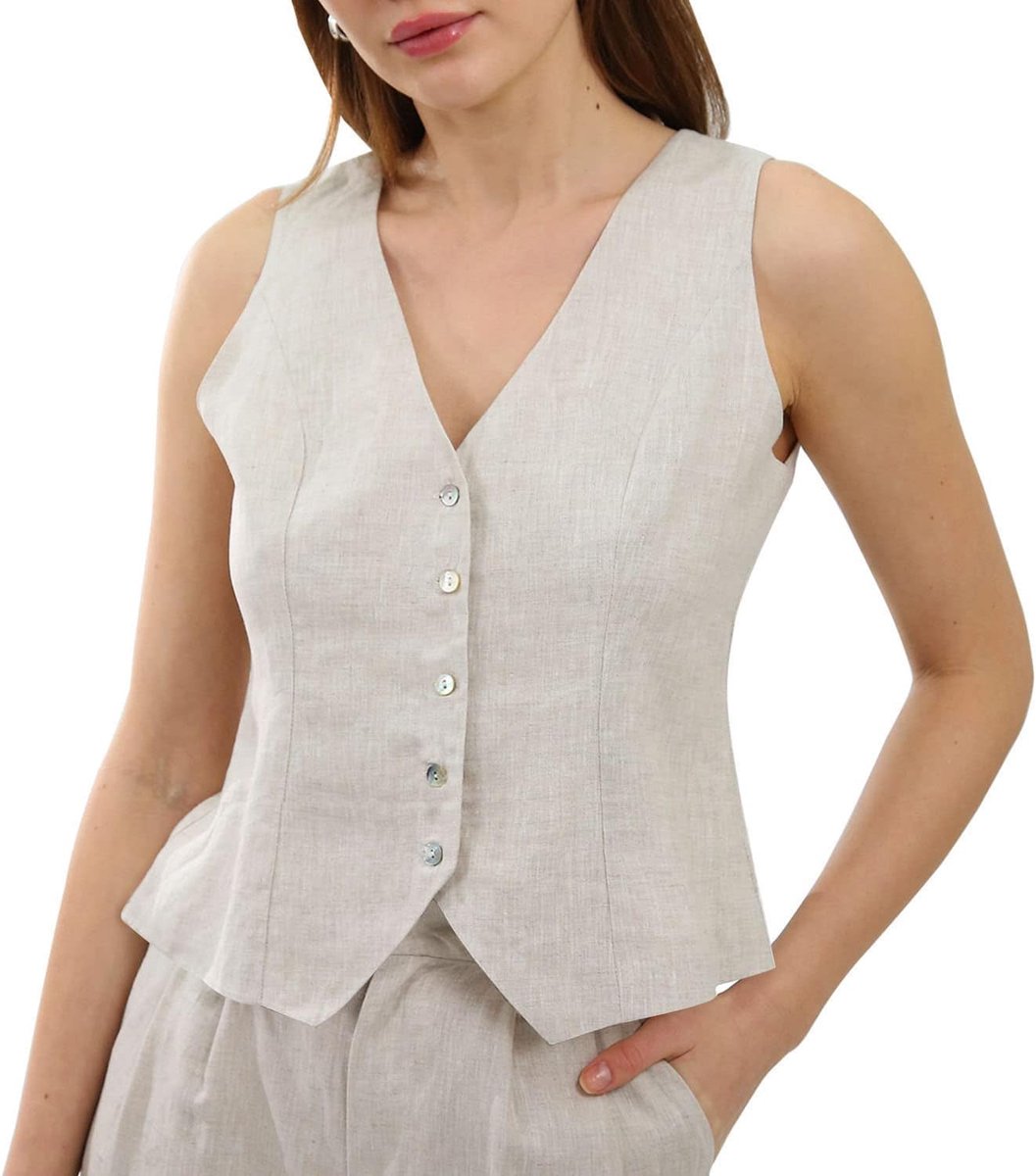 Kostuumvest voor dames, linnen mouwloos vest, damesvest, V-hals, kort, knoopsluiting, smalle pasvorm, verstelbare riemen