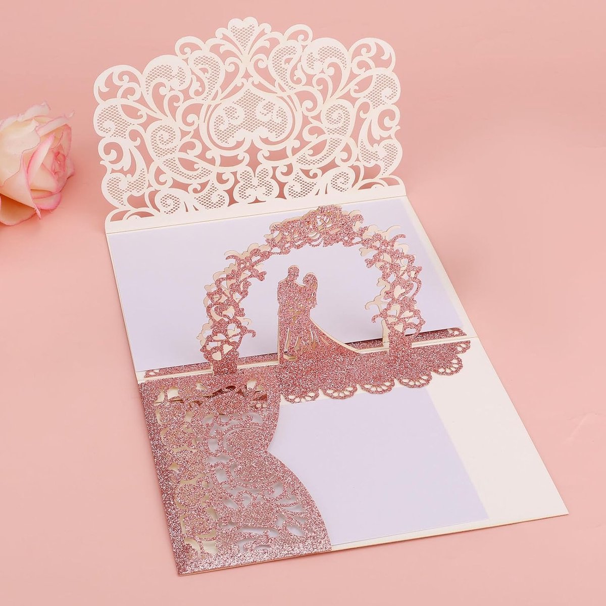 Trouwkaart voor Bruid en Bruidegom, Pop-Up Felicitatiekaart Het Jubileum met Enveloppagina's Trouwkaarten voor Pasgetrouwden Bruidsdouche Verloving (Glitterroze)