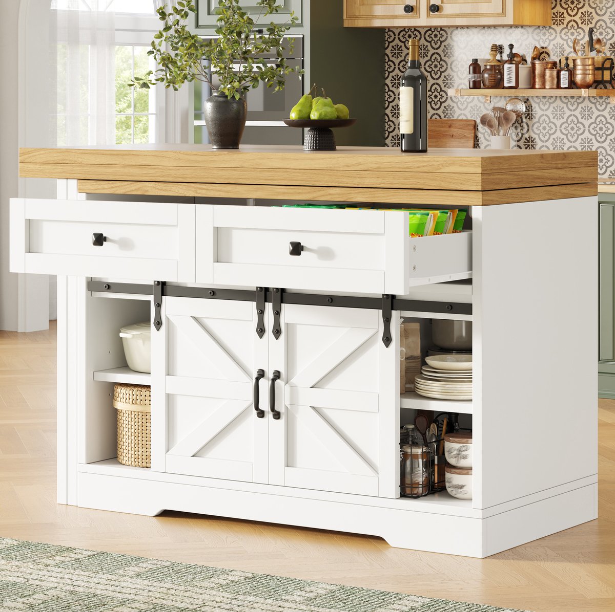 MODENUIT Eettafel 120-197 x 40 cm - Uitschuifbaar Met Opbergkast - 360 Graden Draaibaar - Voor Keuken - MDF Wit