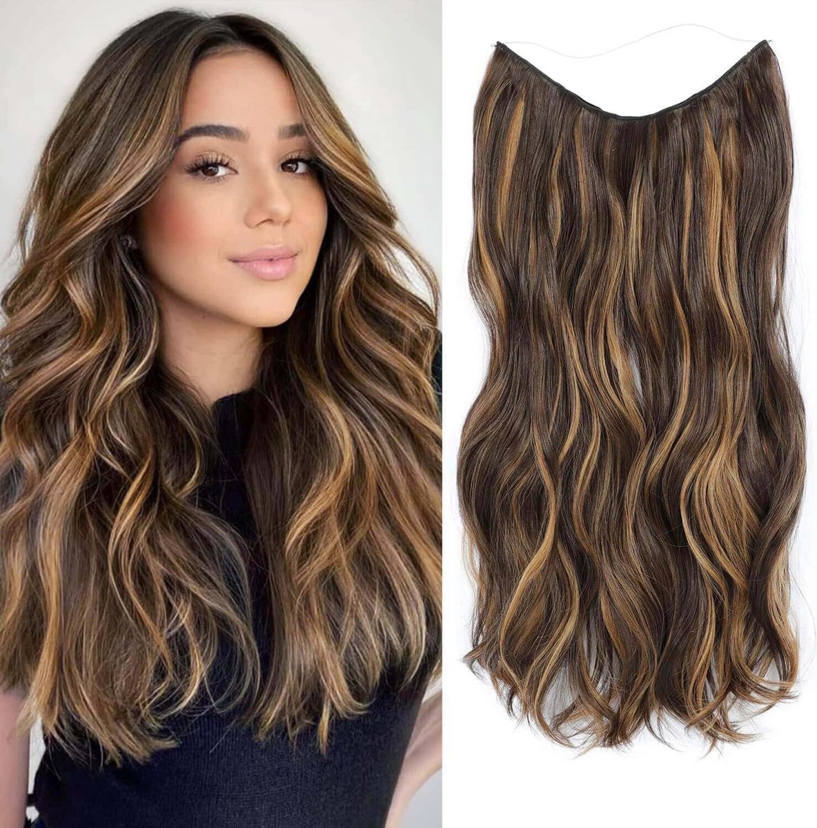 Taj Onzichtbare geheime draadextensies, 50 cm, honingbruin met highlights, lange met instelbare maat, één stuk, synthetische krullende haarverlengingen, clip-in haarstukjes voor vrouwen