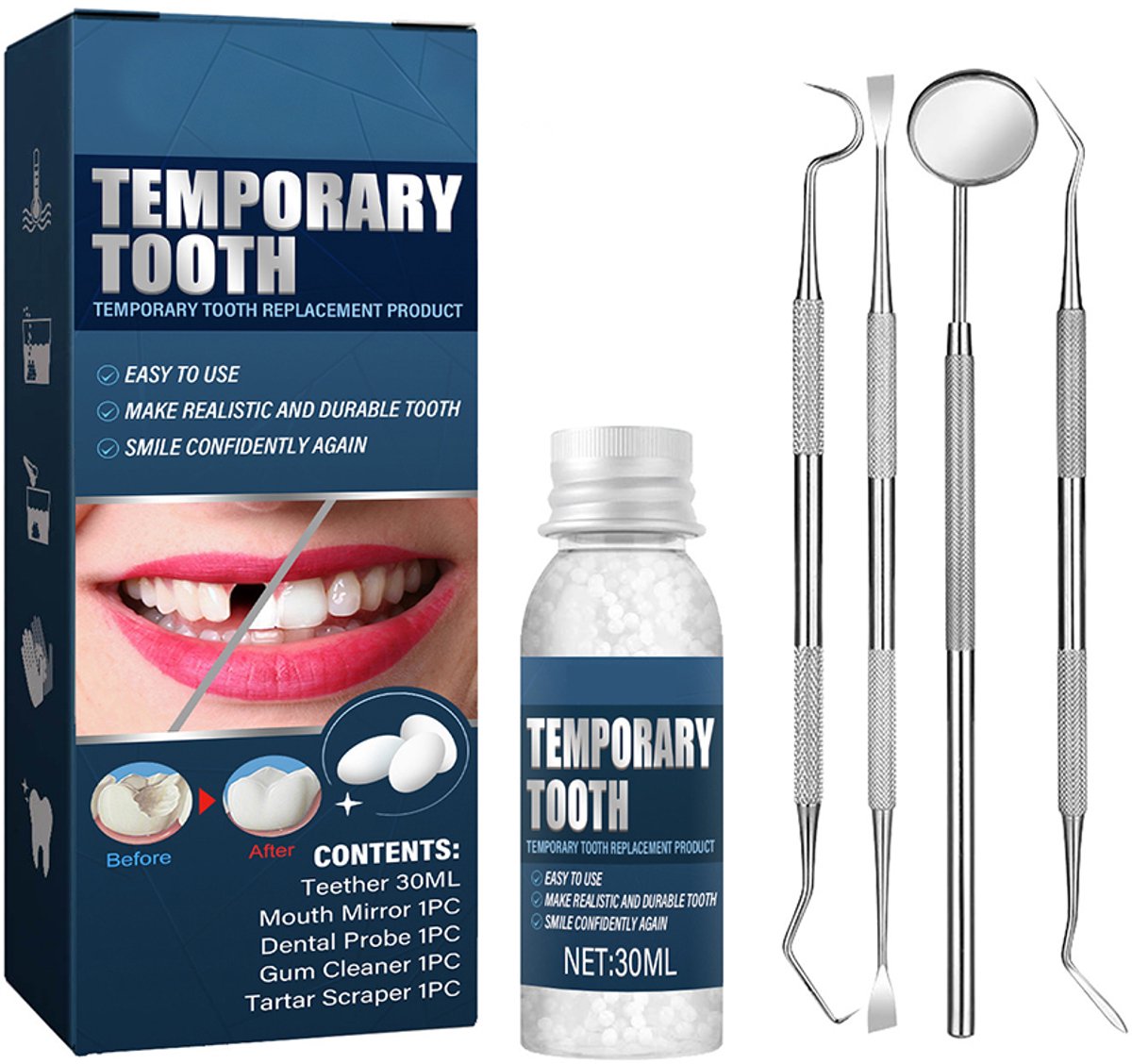 Tandverzorgingsset - Tandrestauratie - Tandrestauratie en orthodontie - Flexibele gebitsgel - Tandimplantaten - Vulset - Geschikt voor Halloweenkostuums - Inclusief accessoires - 30 ml