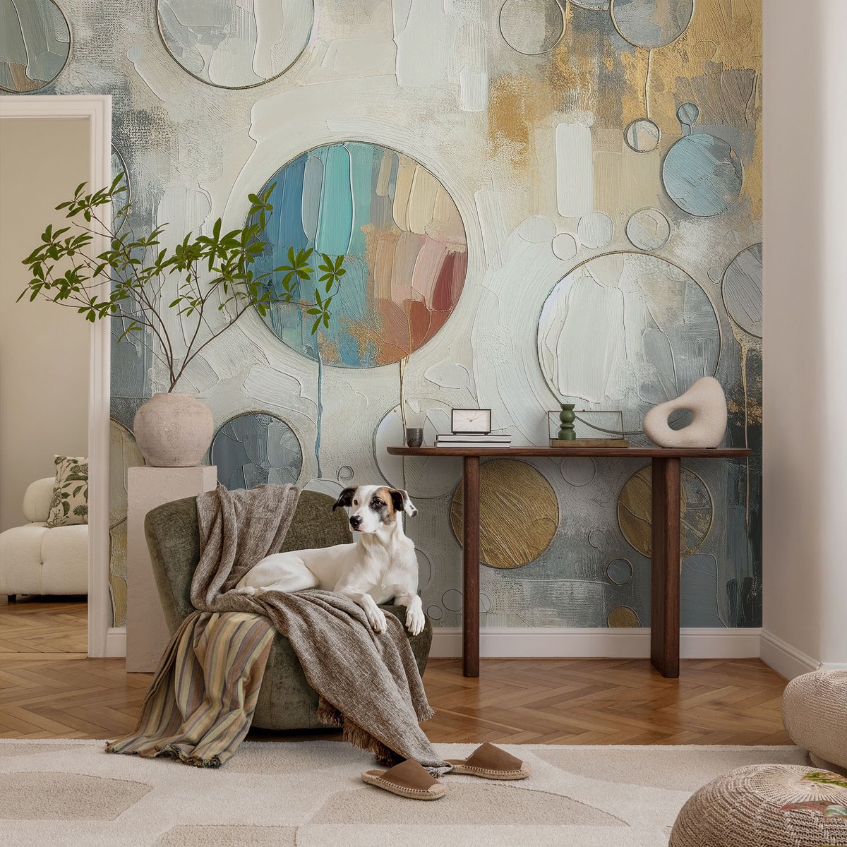 Coloray Vliesbehang - Grijs Snellijm Behang - 104x70 cm - Geometrische Cirkels Muurschildering - Slaapkamer behang Abstractie - Fotobehang Vlies - Slaapkamer behang