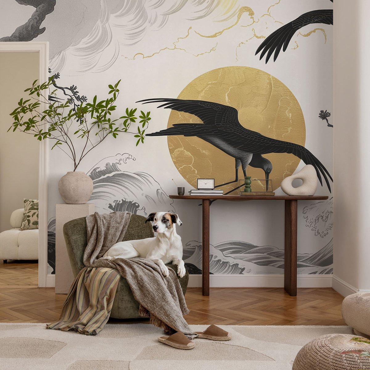 Coloray Vliesbehang - Zwart-Wit Snellijm Behang - 104x70 cm - Zwarte Kraanvogels Fotobehang Vlies - Woonkamer behang Deel - Muurschildering - Woonkamer behang