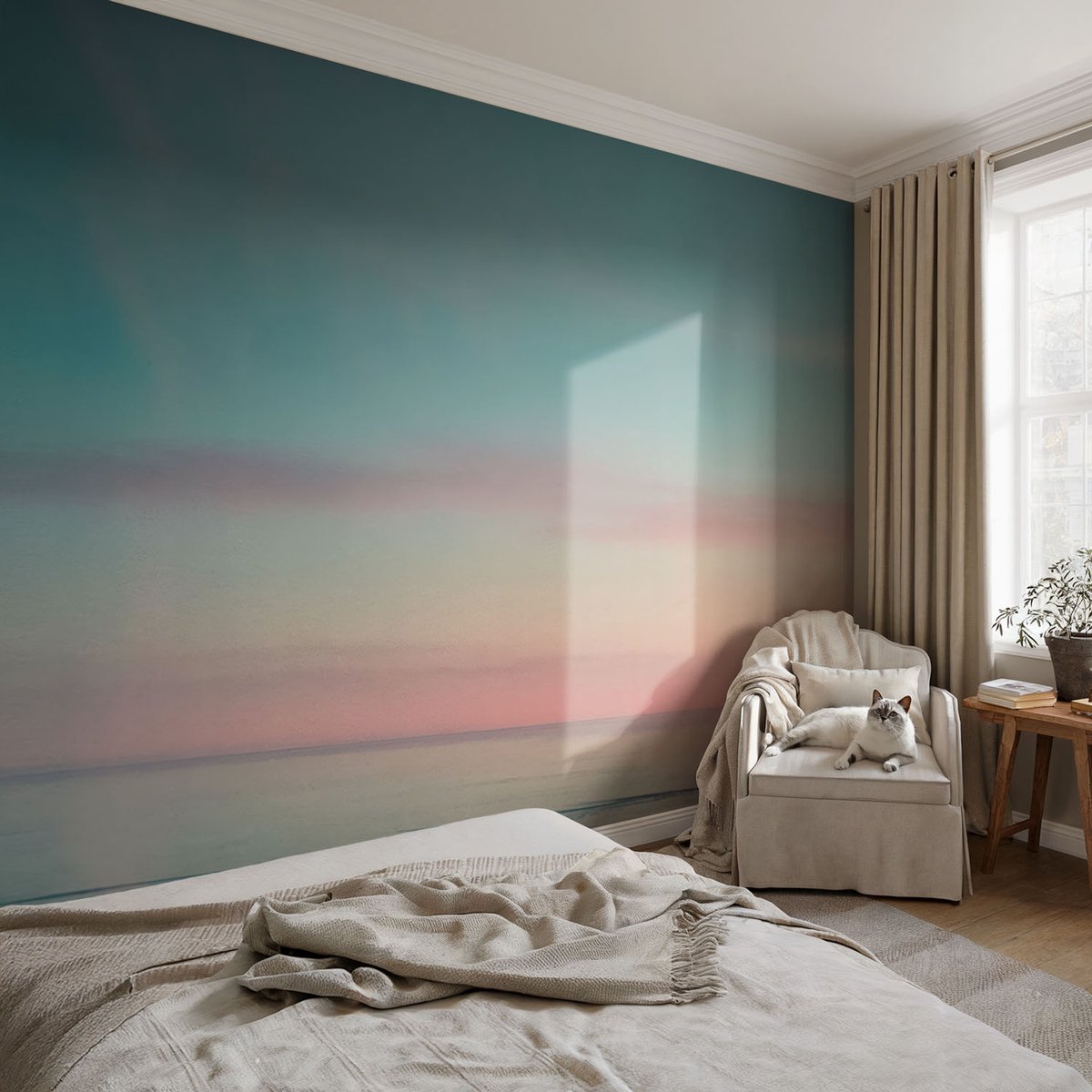 Coloray Vliesbehang - Blauw Snellijm Behang - 104x70 cm - Kalme Zee Muurschildering - Gang behang Landschappen - Fotobehang Vlies - Slaapkamer behang