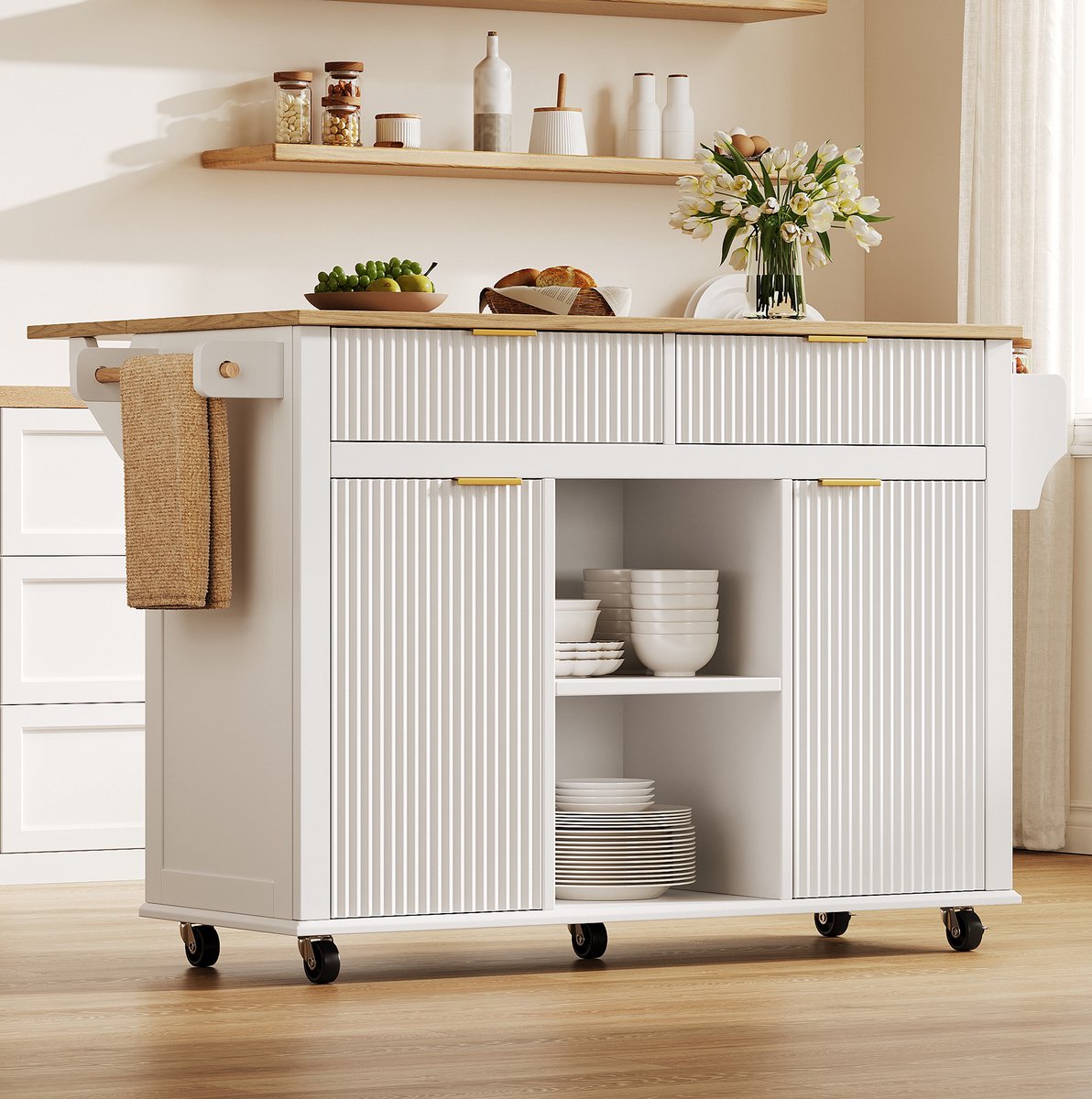 MODENUIT Keukenkast 143 x 45 x 89,5 cm - Uitklapbaar Werkblad op Wielen - Keuken - MDF - Wit Naturel