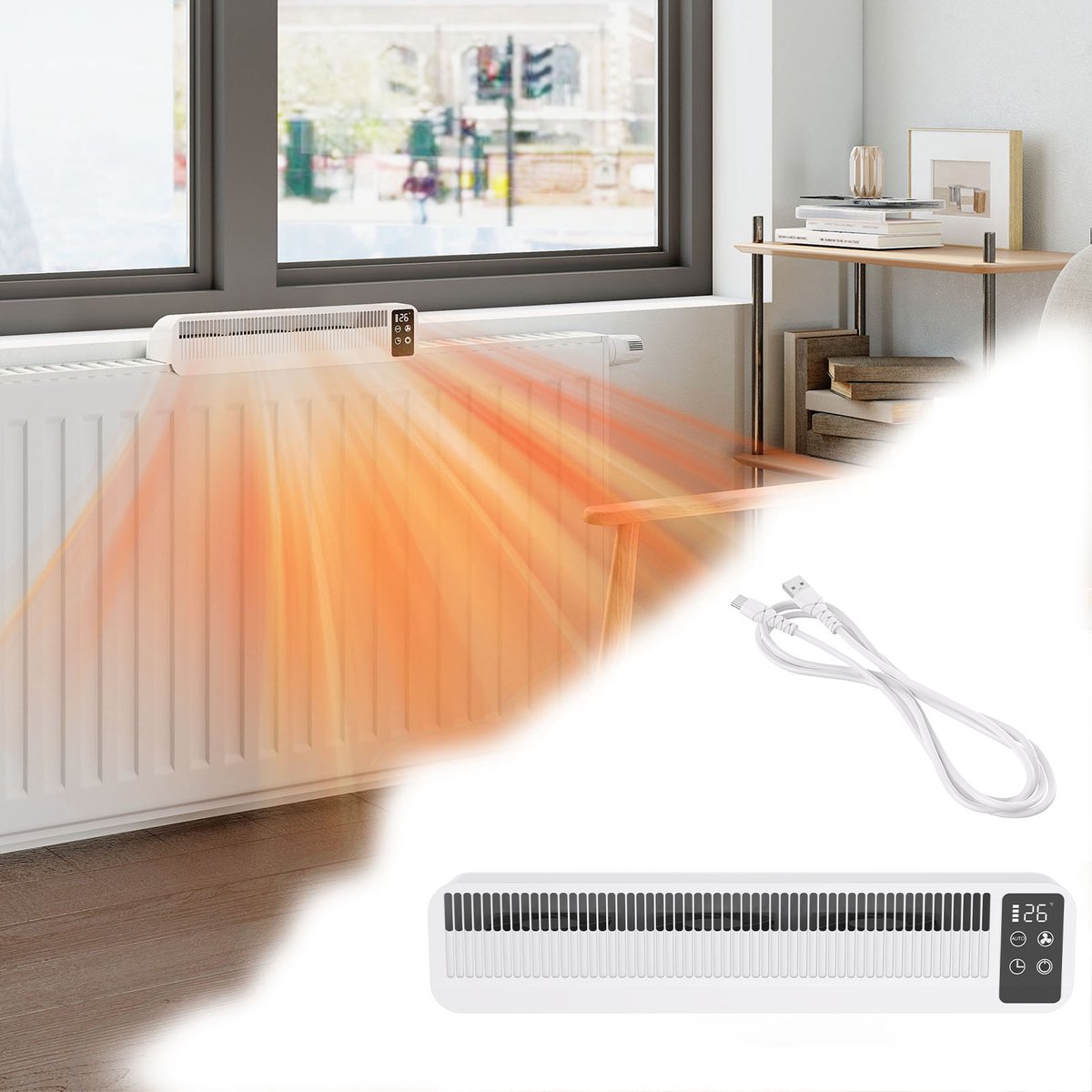 Aufun Draagbaar 3 Snelheden Radiator Ventilator - Zwart - Met Thermostaat, Accu & Magneetbevestiging, Stil - Geschikt voor Woonkamer, Slaapkamer en Thuiskantoor