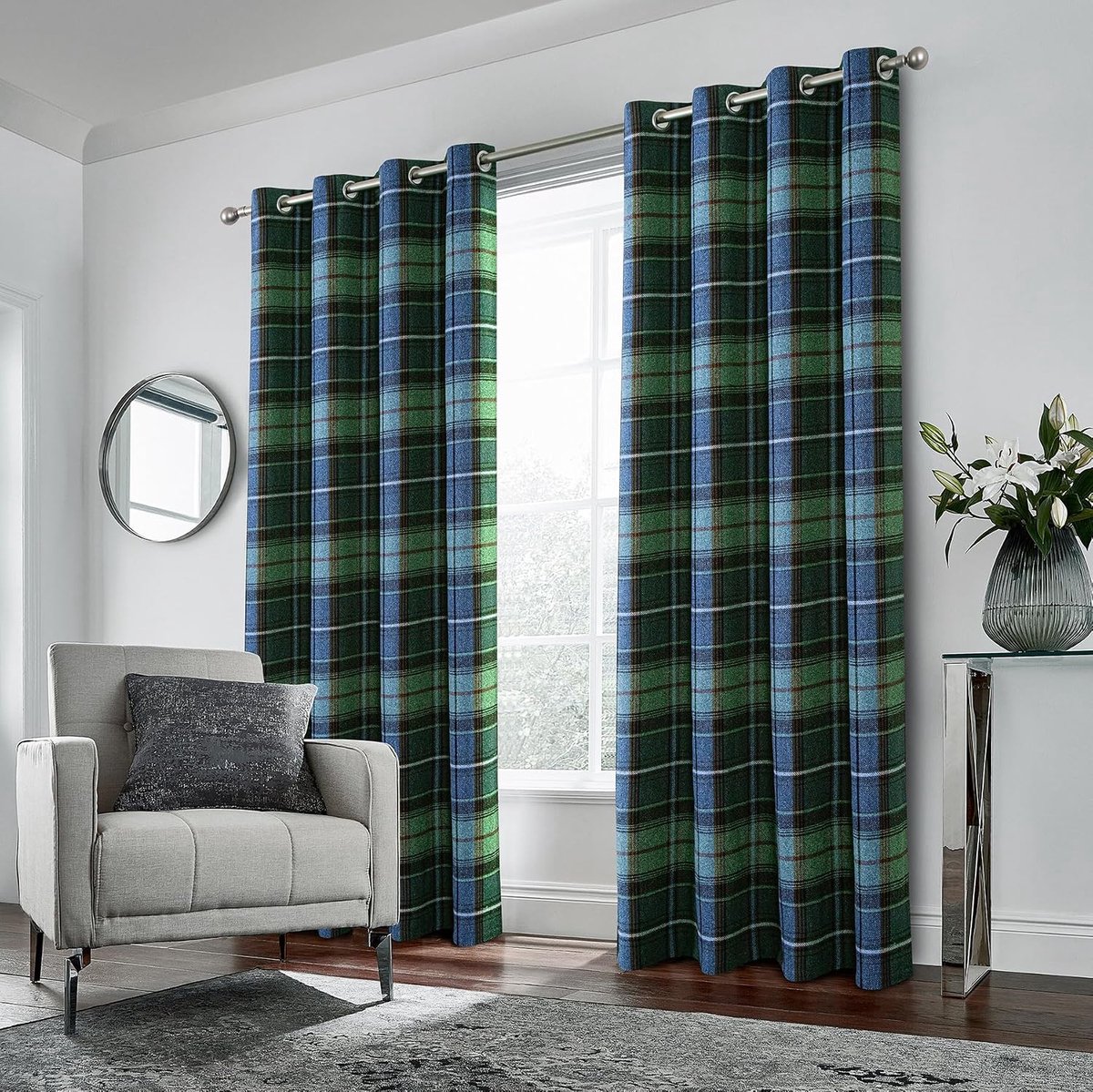 always4u Geruit gordijn, 100% verduisterend, warmte-isolerend, met oogjes, dubbele gordijnen van kunstwol, voor slaapkamer, woonkamer, modern, L 140 x H 245 cm, blauw, groen, 2 stuks