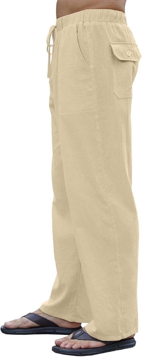 Linnen herenbroek, lange zomerbroek, licht en ademend, rechte pijpen met elastische tailleband, broek met zakken en trekkoord, casual strandbroek