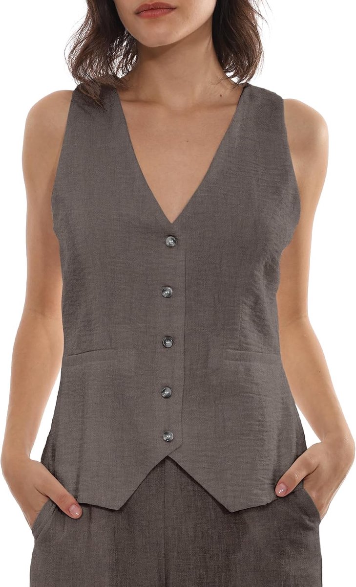 Kostuumvest voor dames, linnen damesvesten, mouwloos vest, kort, V-hals, cropped vest, tops, zomer