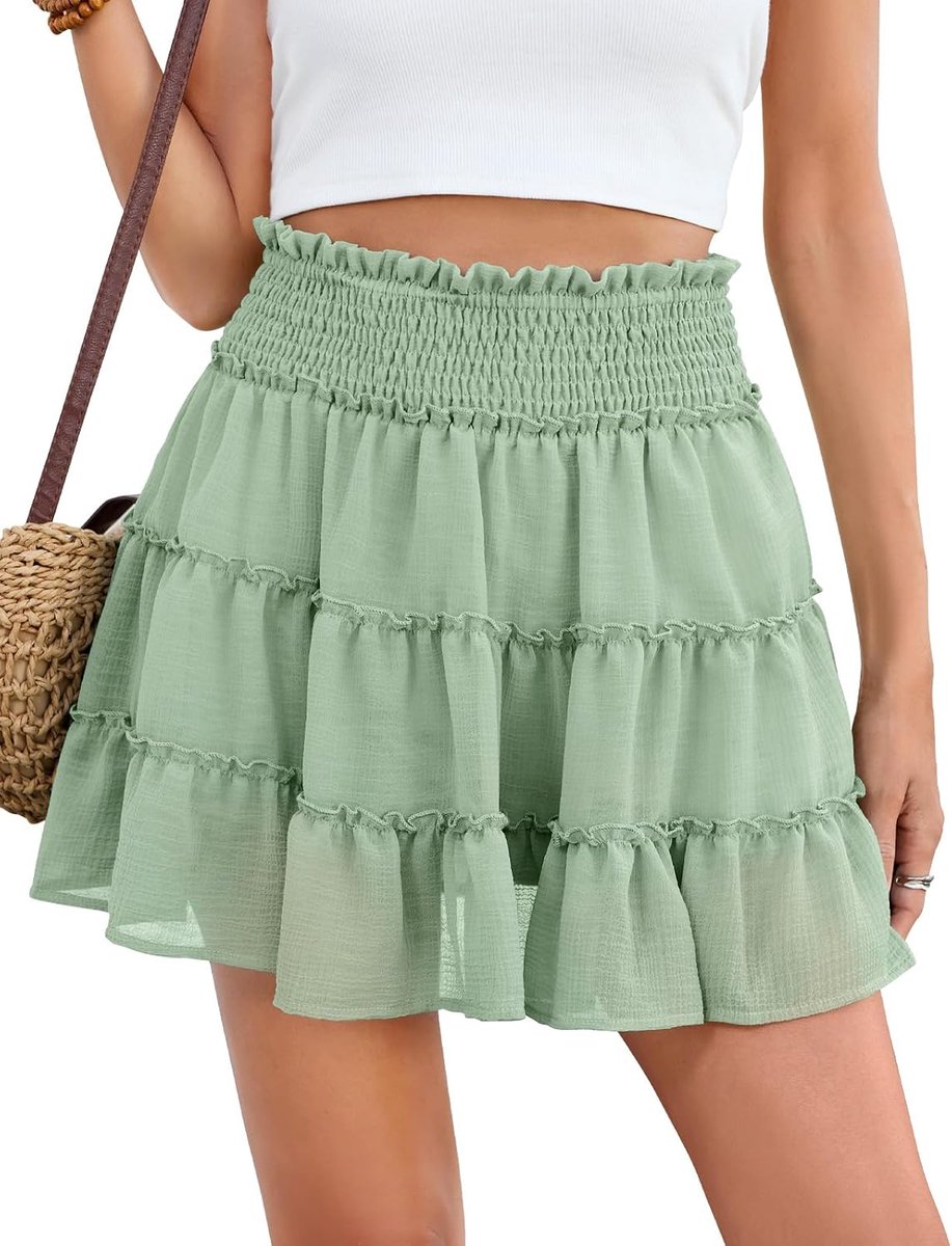 Mini-rok voor dames, elastische hoge taille, ruches, korte rokken, zomer, casual, vloeiende tule rok, elegante A-lijn rok, ingebouwde shorts voor feest, strand, school