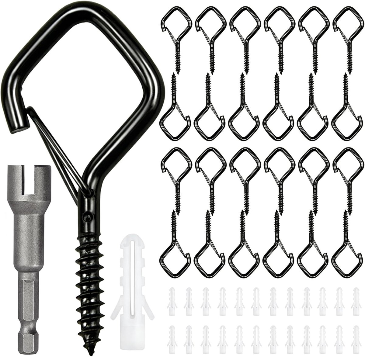 Haken van zwart staal met veiligheidsgesp, perfect voor buitenlampen, planten, kleerhangers, windgong, bloempotten