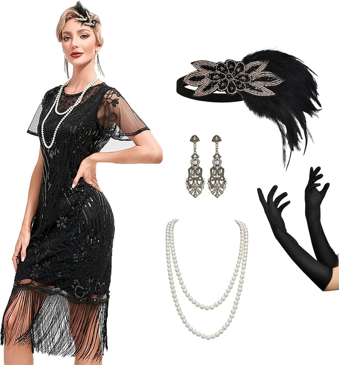 Jaren 20-kostuum voor dames, Gatsby-jurk met jaren 20-accessoires, Charleston flapperjurk, carnavalskostuum, cocktailjurk