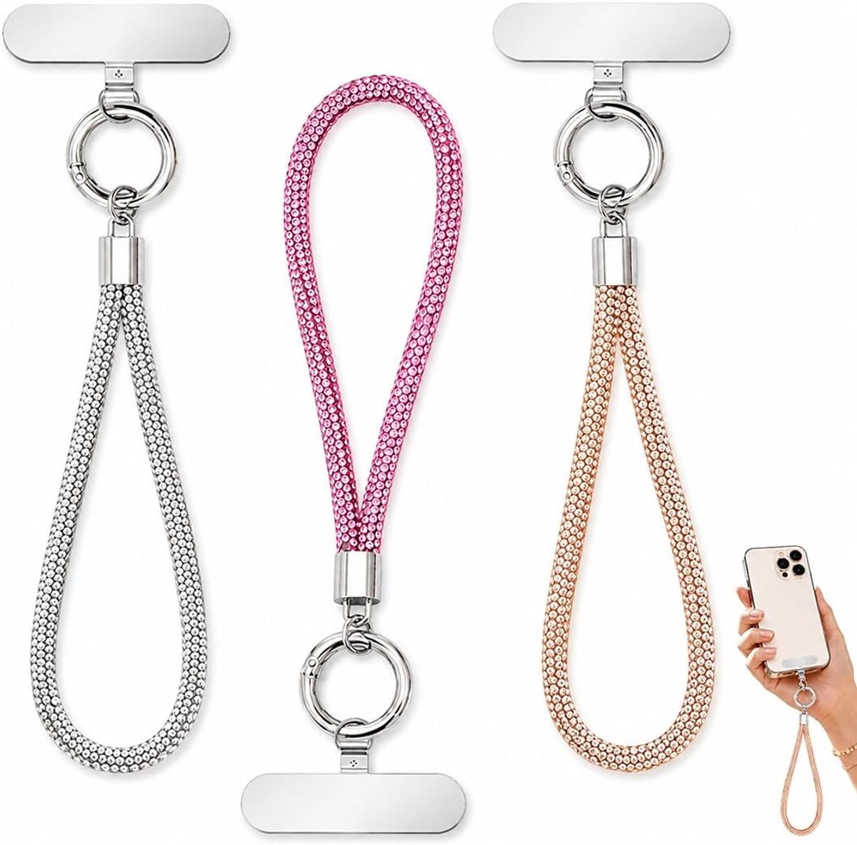 3 stuks telefoonketting, zilveren koord, telefoonketting met glitter, polsband, korte band