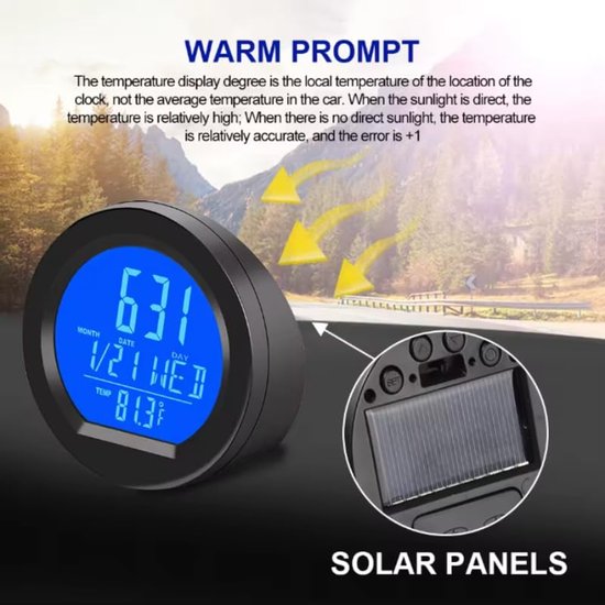 Autoklok, thermometer, digitale autotemperatuur, dashboardklok, zonne-energie auto, digitale klok, datum week, toepasselijk voor voertuigen, auto's, boten, kantoren, autoklok op zonne-energie — afbeelding 3