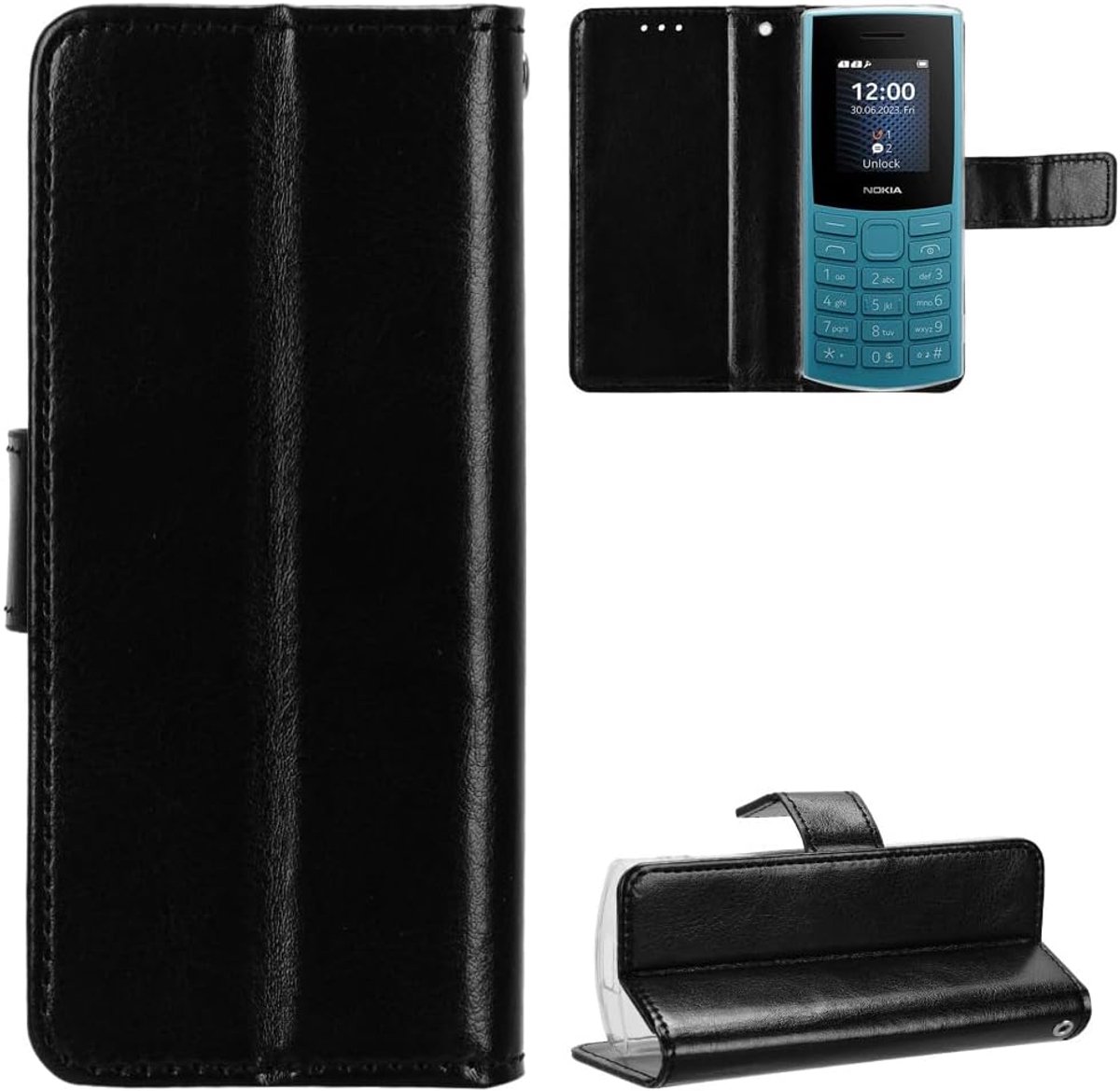 Telefoonhoesje compatibel met Nokia 105 4G 2023, portemonnee magnetische hoes met creditcardsleuven en flipstandaard, zwart