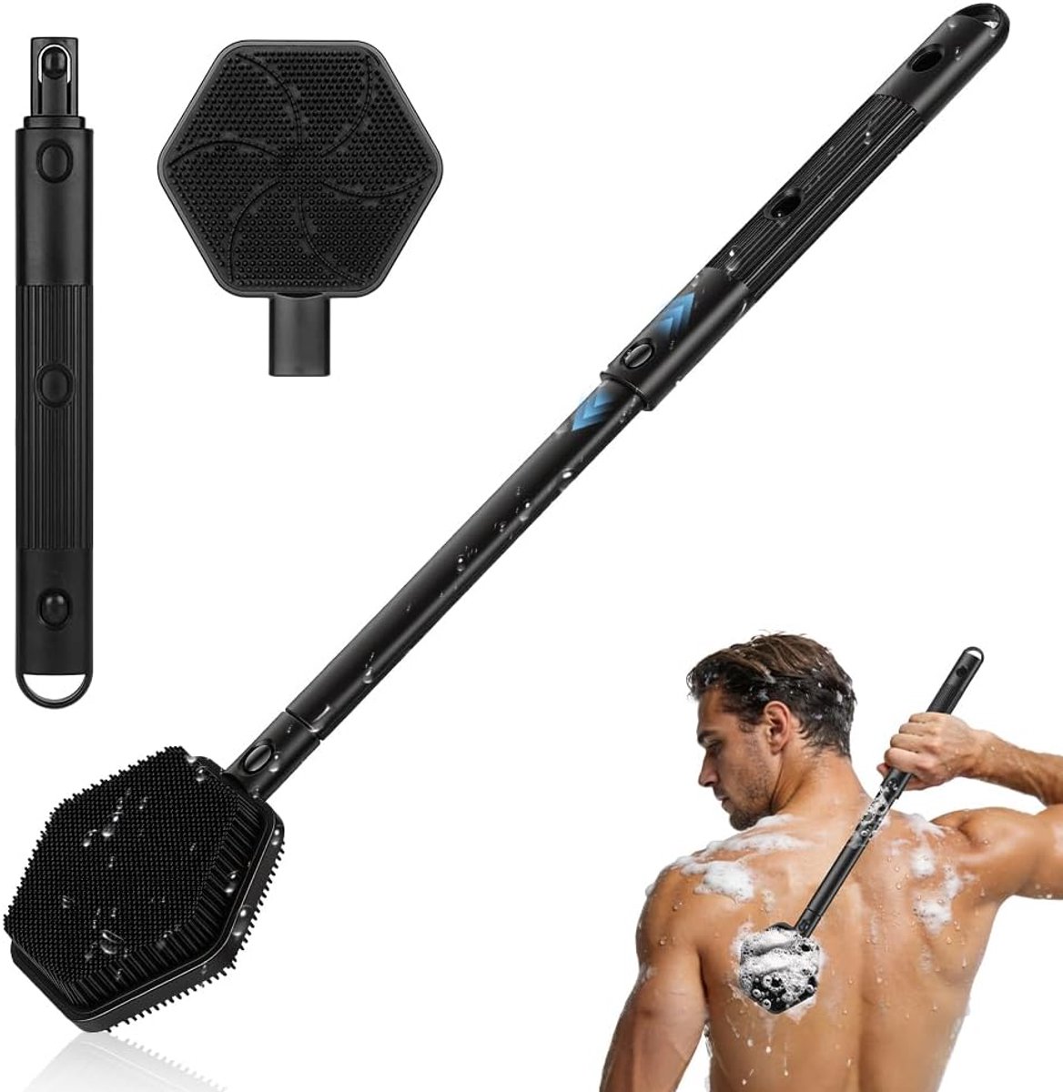 Rugscrubber voor douche, afneembare extra lange handgreep rugborstel voor douche, dubbelzijdige borstel, exfolieert en diepe reiniging, massage kan rijk zijn