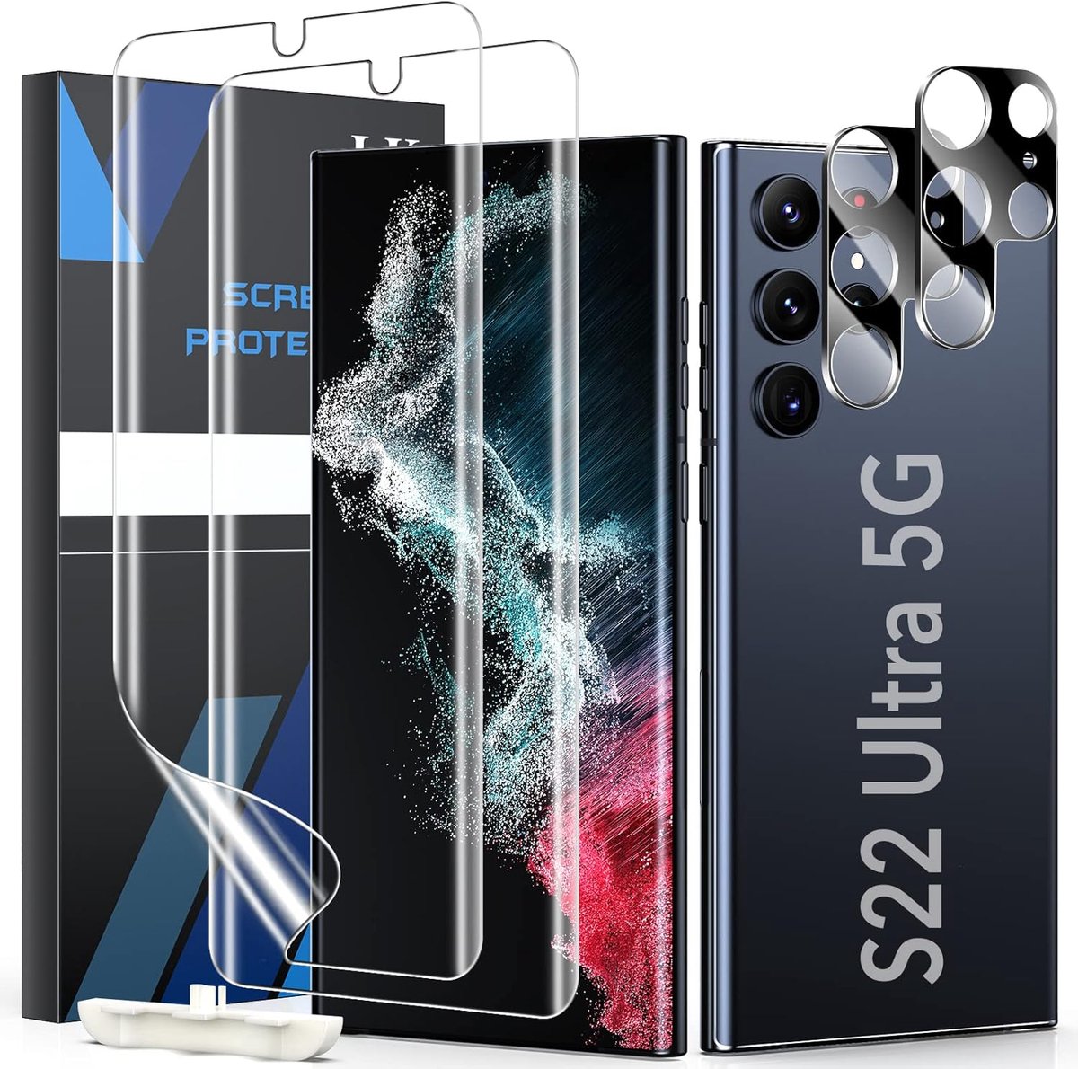 2+2 Stuks Screen Protector voor Samsung Galaxy S22 Ultra 5G, met Gehard Glas Lens Protector [Vingerafdruk ID Compatibel] Volledige Dekking TPU Film, HD-displaybeschermingsfolie