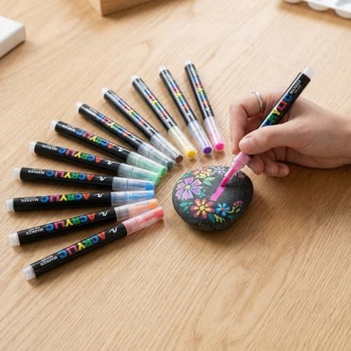Set van 12 acrylstiften, fijne punt met niet-giftige waterdichte inkt, permanente marker voor kunst en handwerk, heldere kleuren