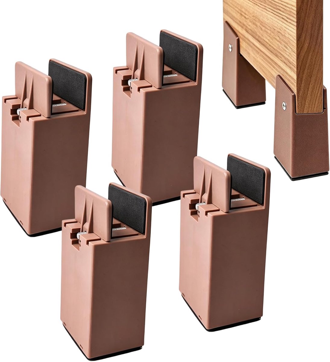 4 stuks meubelverhogingen, 10 cm, verstelbare bedverhoging, meubelverhoging, zware stoelverhogingen, verstelbare meubelverhogingen van 0-3,7 cm, één eenheid 500 kg dragen voor bank, bureau, bruin