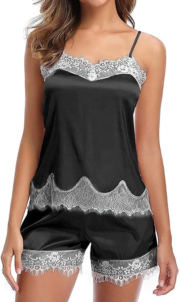 Babydolls, nachtjaponnen & negligés Dames satijnen pyjama nachtkleding sexy mouwloze strapless lingerie pyjama set-Negro_M