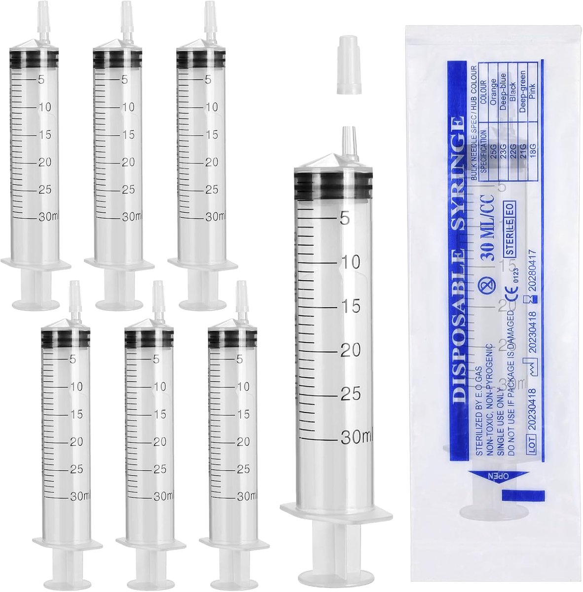 Spuiten, 6 stuks, 30 ml, kunststof spuiten met doppen zonder naald, steriele afzonderlijke verpakking voor wetenschappelijke