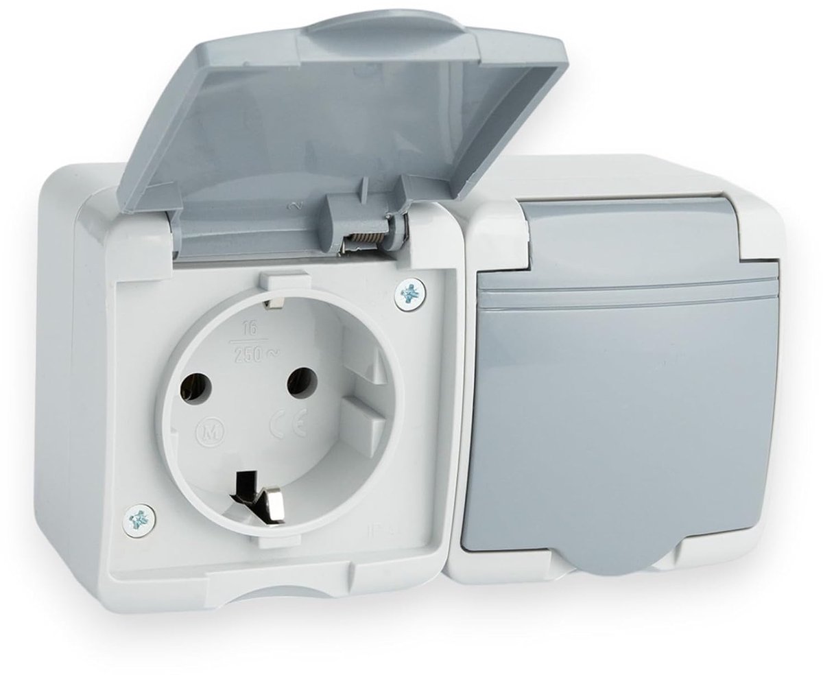 2-voudig stopcontact met klapdeksel, opbouw, 230V, 16A, IP44