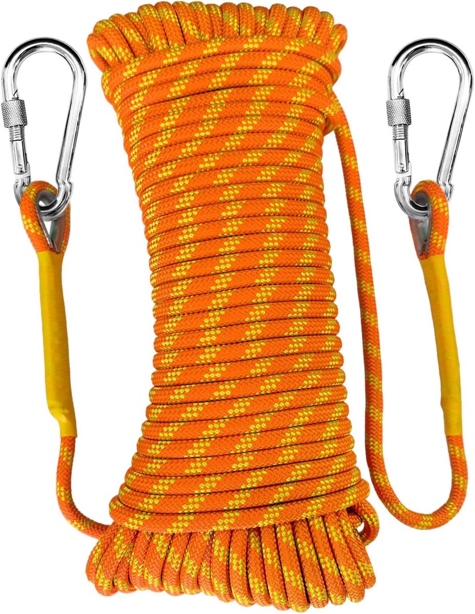 20m Statisch Touw 12mm Outdoor Bergbeklimmen Touw met 2 Stalen Haken Heavy Duty Voor Reddingsboten Parachutes Wandelen Camping UIAA Certificering Fluorescent Oranje