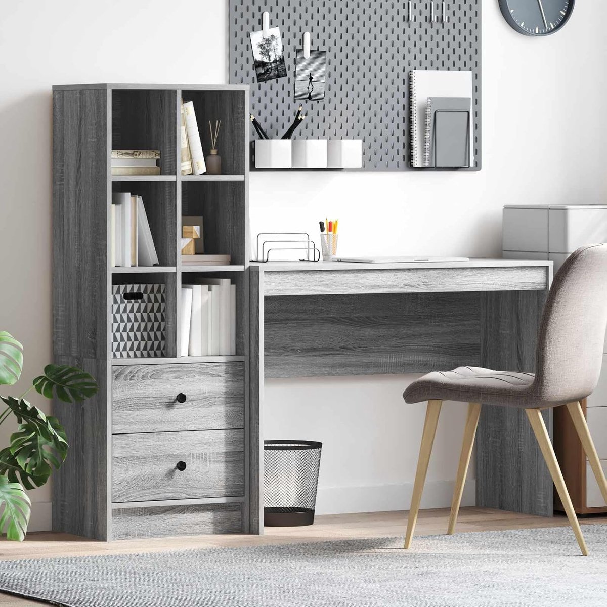 Bureau van houtmateriaal met plank en groot werkblad, bruin, voor kantoor en thuiskantoor