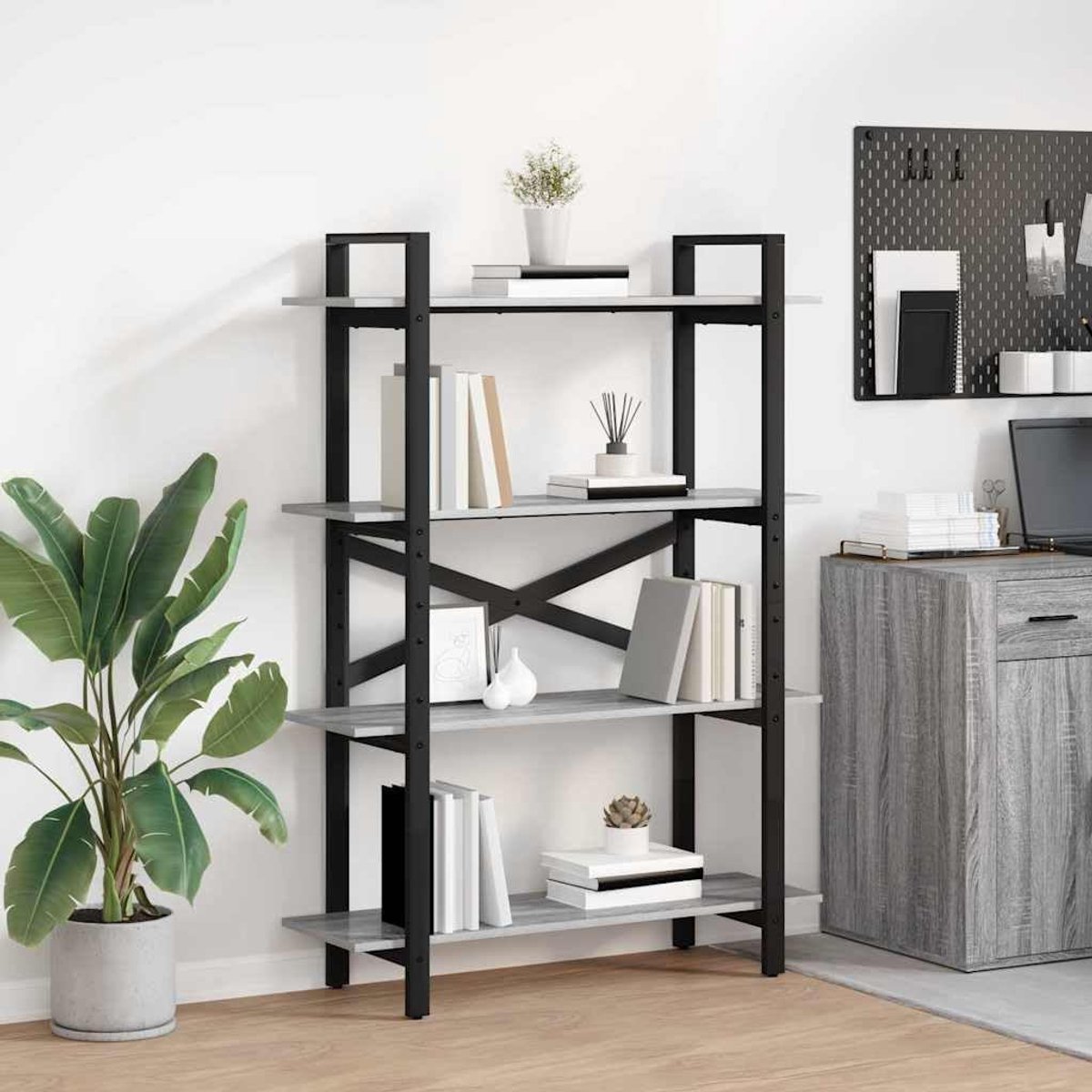 Boekenkast 4 niveaus 100 x 33,5 x 140 cm houtmateriaal met stalen frame