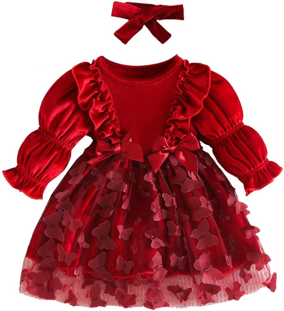 Jurk voor kleine meisjes, 3D-vlinders, Kerstmis, fluweel, tutu-jurk