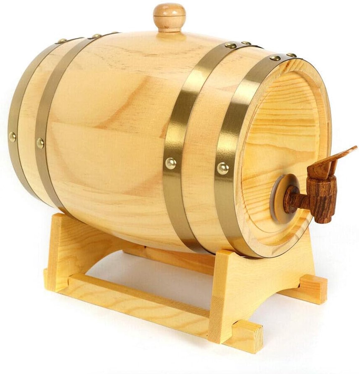 Wijnvat van hout, 3 liter, met standaard, klein vat, houten vat, eikenvat, wijndispenser met tapkraan en stop, drankdispenser voor het opbergen van whisky, wijn, bourbon, tequila, rum