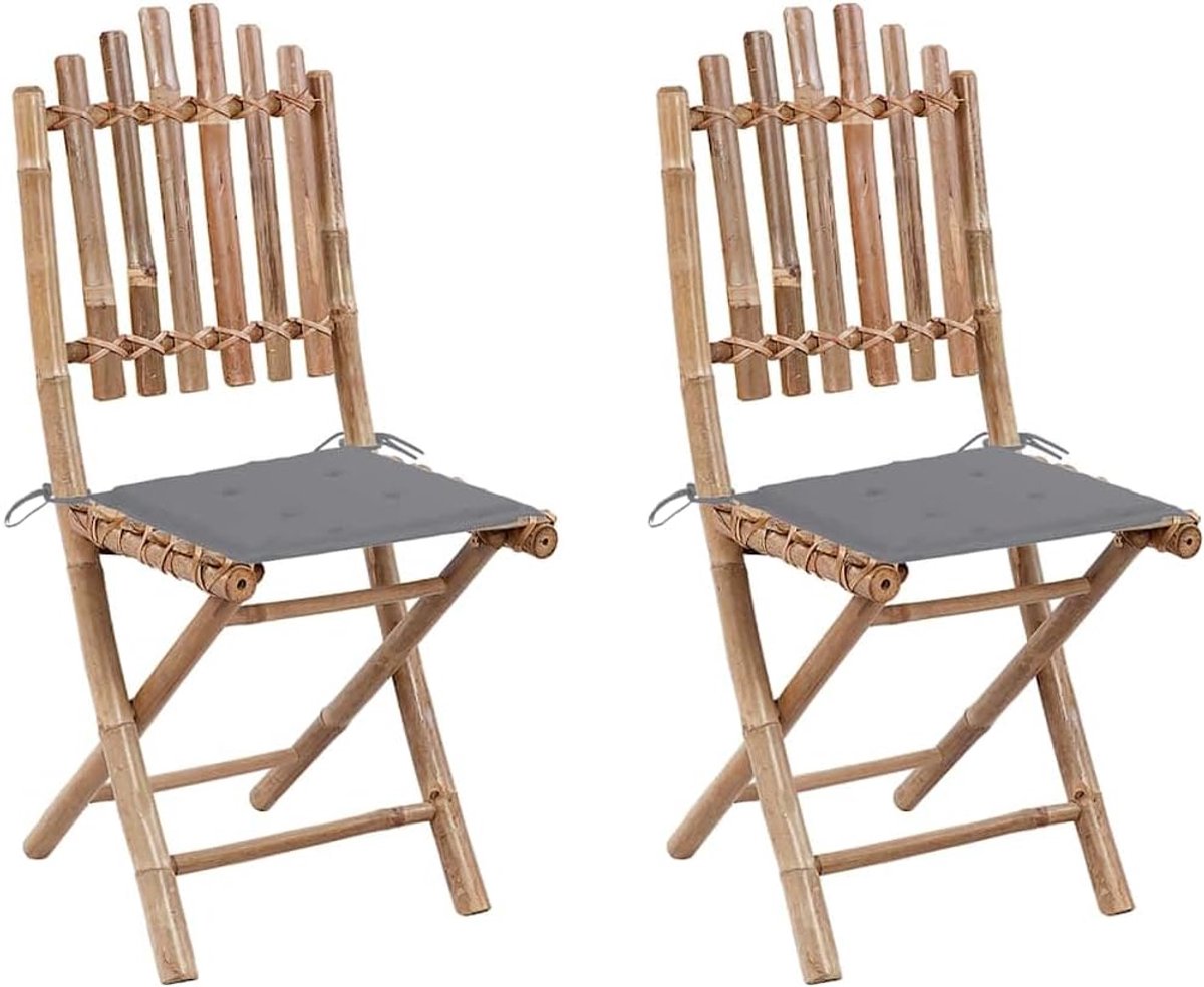 Set van 2 inklapbare tuinstoelen met kussens, van massief bamboe, weerbestendig en waterdicht, voor eetkamer buiten en terras, inclusief kussens van polyester