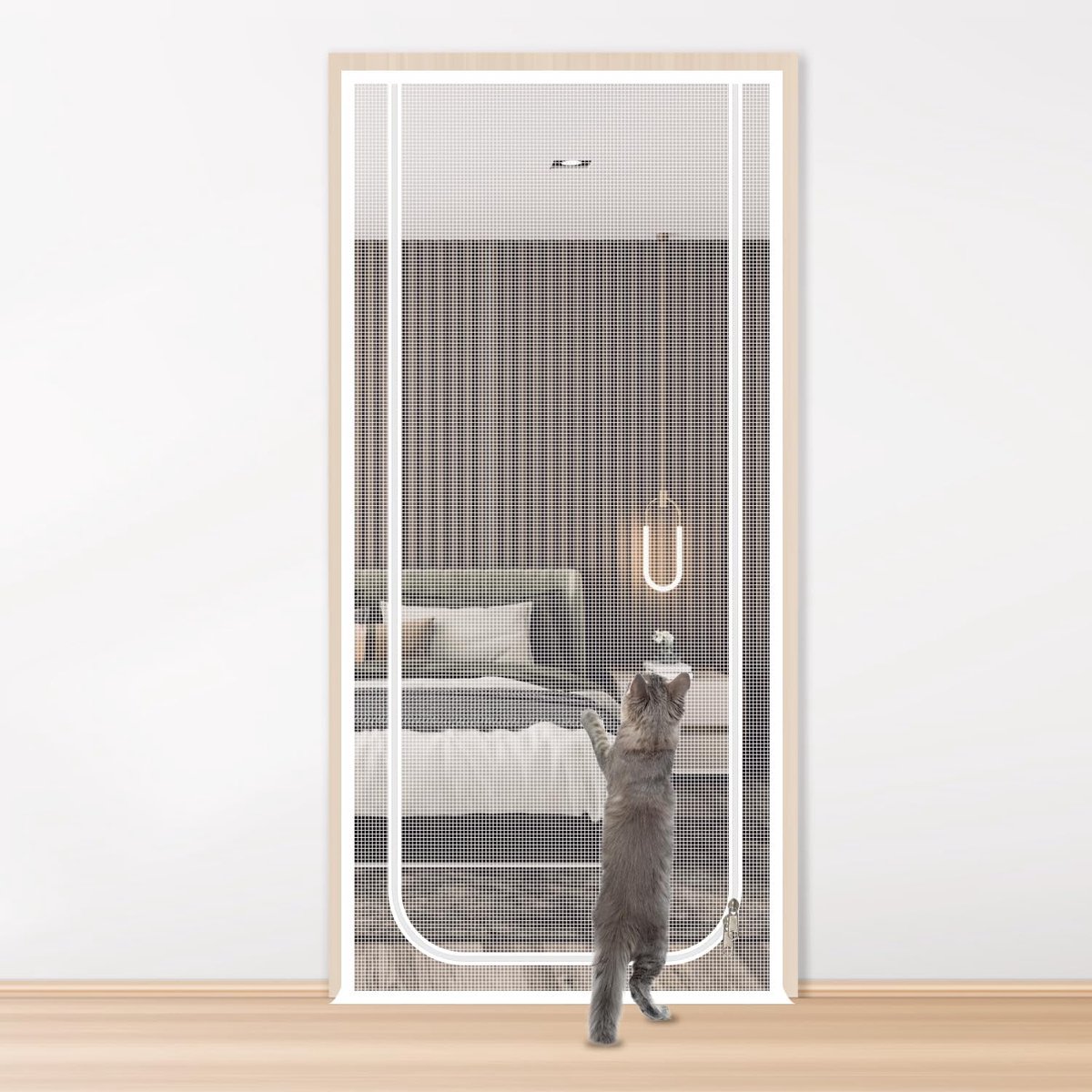 85x200cm, Huisdierengordijn met Dubbelzijdige Rits, Krasbestendig Versterkt Net voor Katten en Honden (U-vorm - Wit)