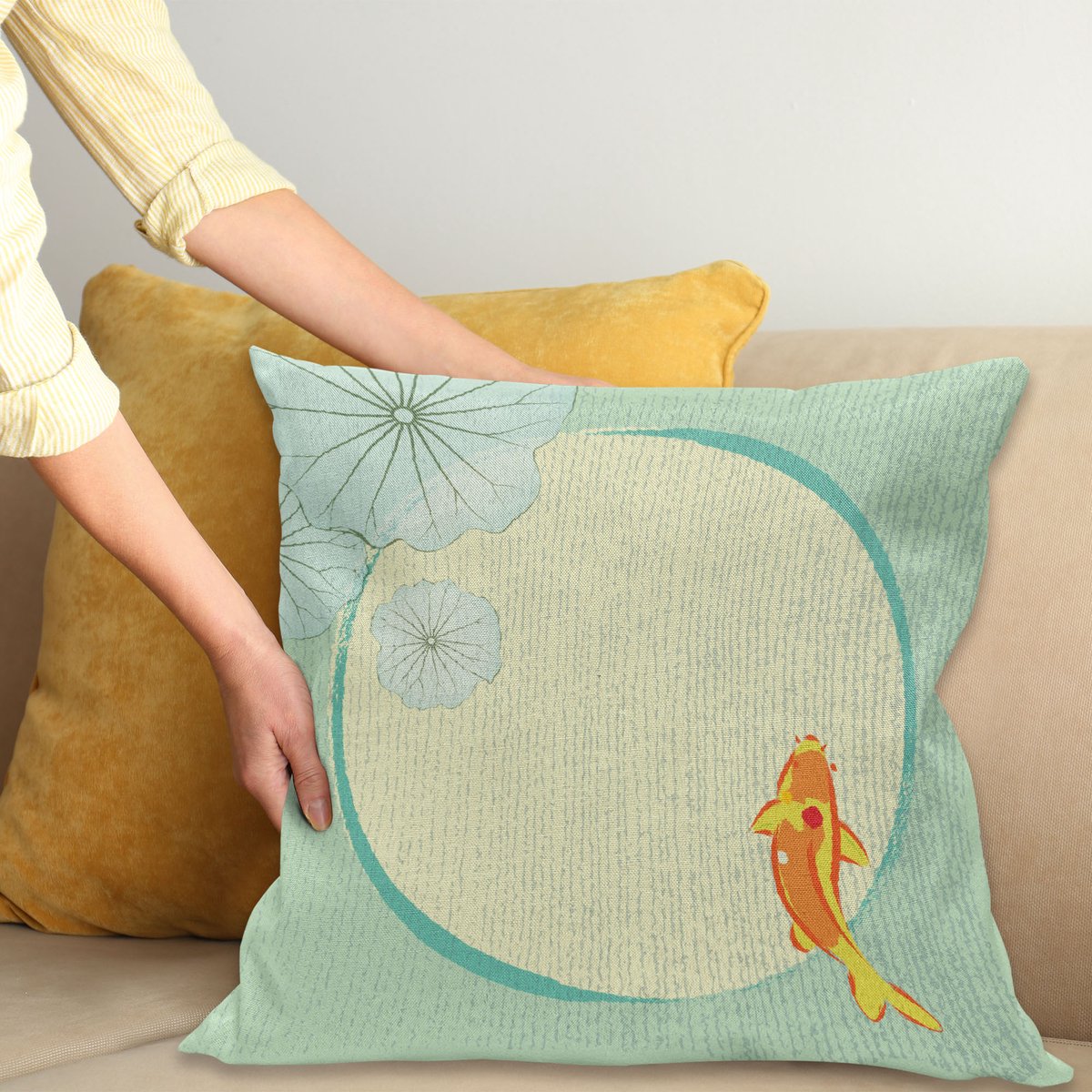ABAKUHAUS Koi Sierkussenhoes, Cartoon Chinese Vis Koi in Lily Pond Oosters Bloemen Oosters Printrtwork, Decoratieve Vierkante Sierkussenhoes, 40 x 40 cm, Licht Zeegroen