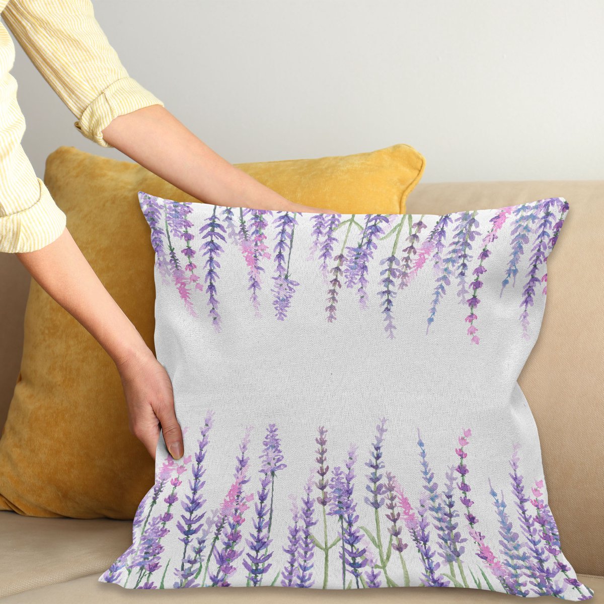 ABAKUHAUS Paars Sierkussenhoes, Lavendel Planten Aromatic Evergreen Shrub van Mint Family Natuur Oil Landelijk Stijl Print, Decoratieve Vierkante Sierkussenhoes, 40 x 40 cm, Lilac