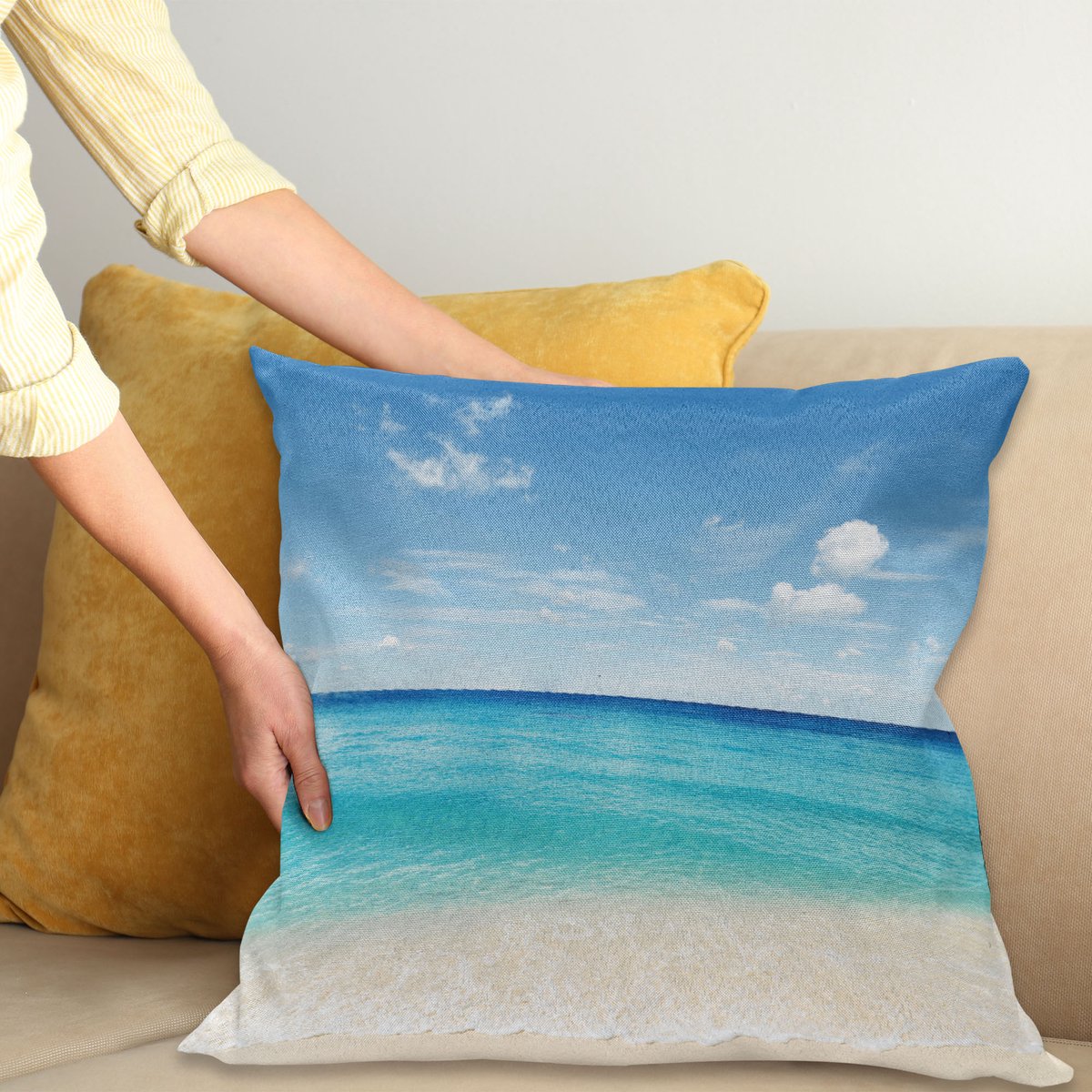 ABAKUHAUS Oceaan Sierkussenhoes, Tropisch Carribean Zee Shore Zand Strand Blauw Calm Serene Peaceful Waters, Decoratieve Vierkante Sierkussenhoes, 65 x 65 cm, Blauw Aqua en Wit