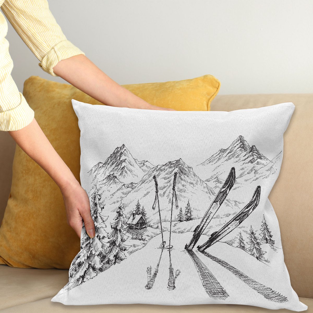 ABAKUHAUS Sport Sierkussenhoes, Winter Seizoensgebonden Activity Skiing met Gear Set op de Berg Peak Everest Sketchy Afbeelding, Decoratieve Vierkante Sierkussenhoes, 45 x 45 cm, Wit