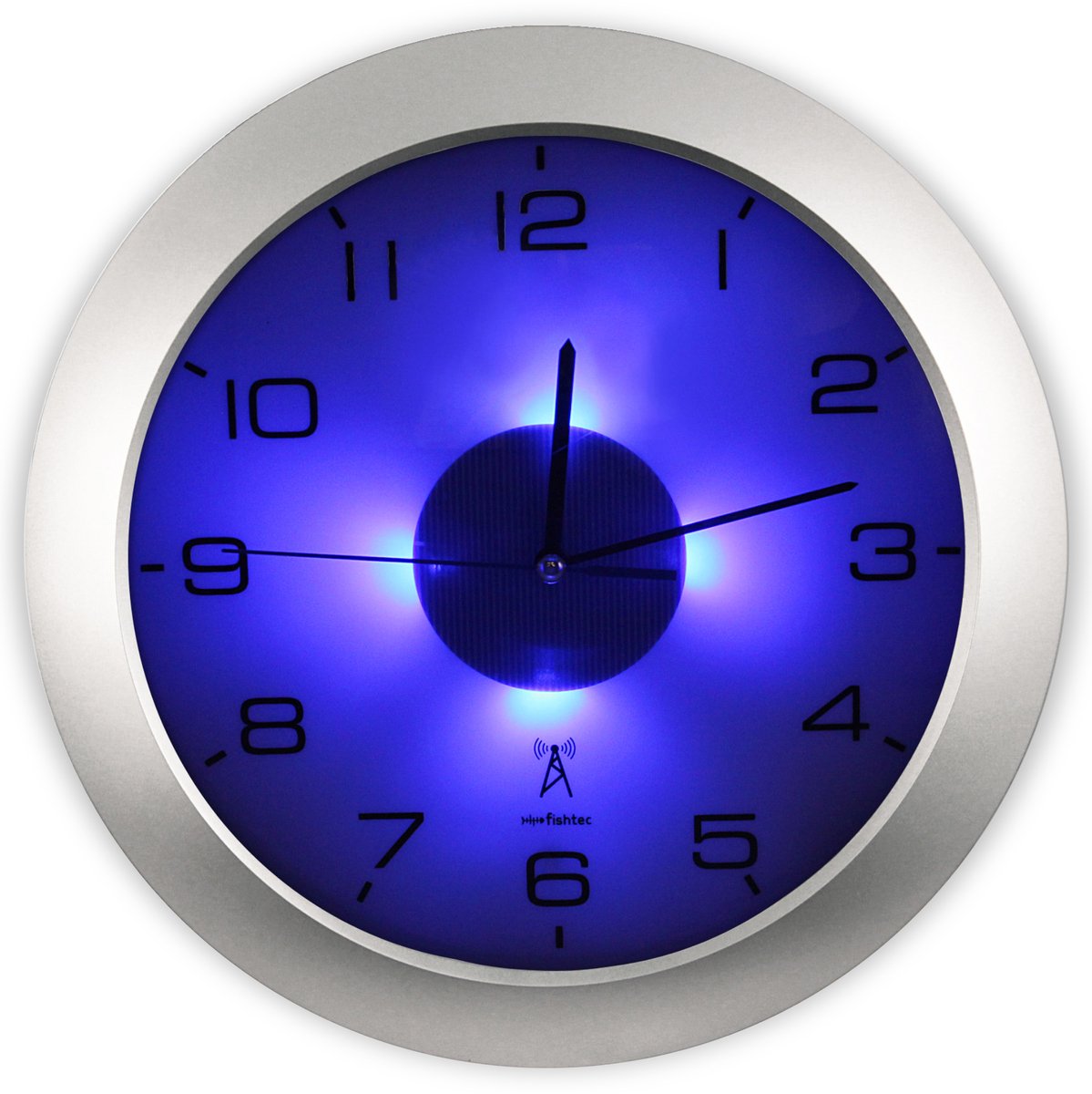 Fishtec - Verlichte wandklok, radiografisch bestuurbaar, 4 blauwe leds, schemersensor, 3 verlichtingsstanden: permanent/uit of automatisch, 30 cm - decoratie, kantoor, keuken