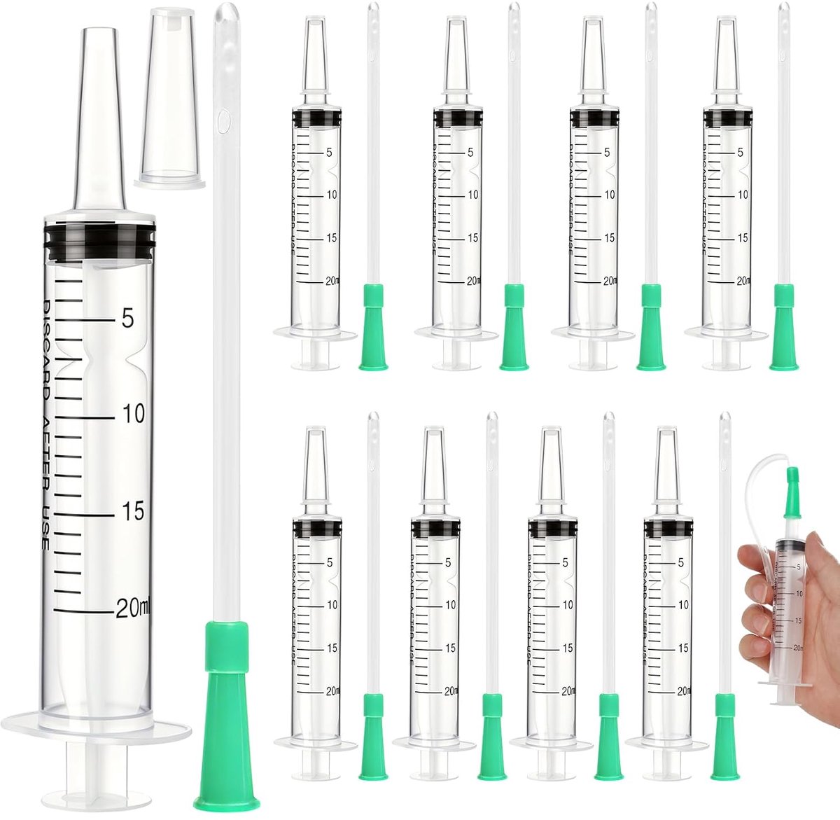 8 stuks spuiten van 20 ml, met slang van 15 cm, groot, lekbescherming