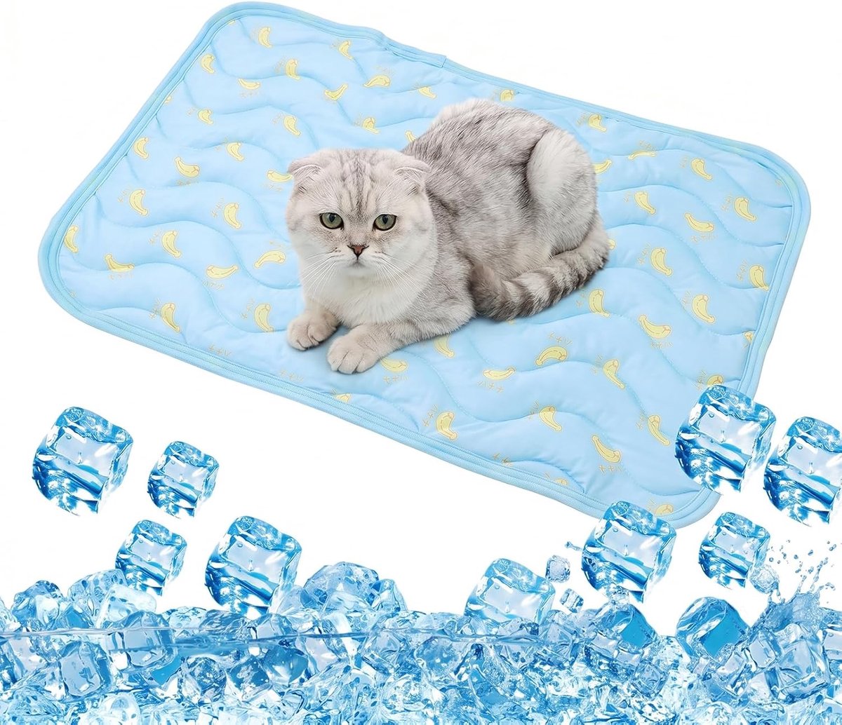 Koelmat voor katten en honden, vers tapijt voor huisdieren, motief banaan, blauw, verkoelende deken voor zomer, huis en reizen, 62 x 50 cm