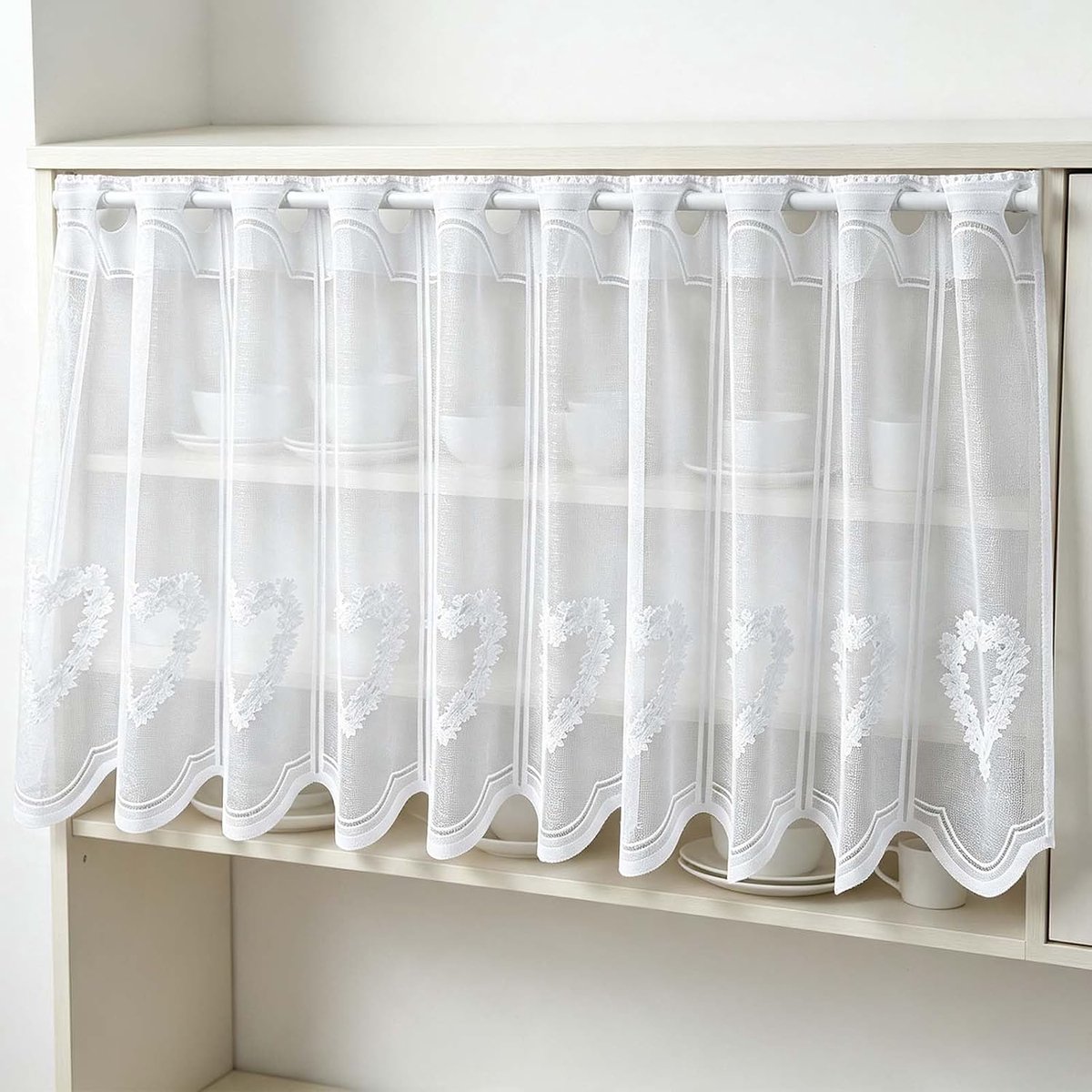 Keukengordijn met kant, 150 x 60/45 cm, bistrogordijn, halftransparant, linnenlook, zonder boren, met stangzak, vitrage voor woonkamer, slaapkamer, planken