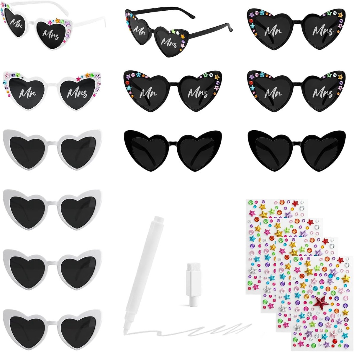 dames hartbril feest: 12 stuks zonnebrillen zwart wit voor jga accessoires vrouwen, feestbril set voor vrijgezellenfeest vrouwen bruid, met glitterstenen zelfklevend