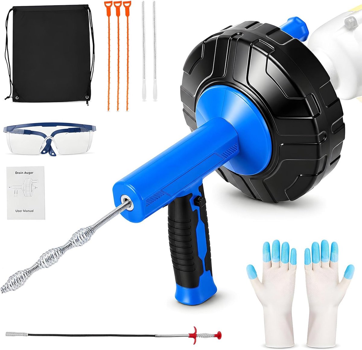Afvoerspirale 14 m, 2-in-1 afvoerspirale (oranje) | Handmatig en elektrisch, glijdt moeiteloos door elke bocht in de leiding, inclusief opbergtas, afvoerspirale voor wastafel, badkamer en keuken